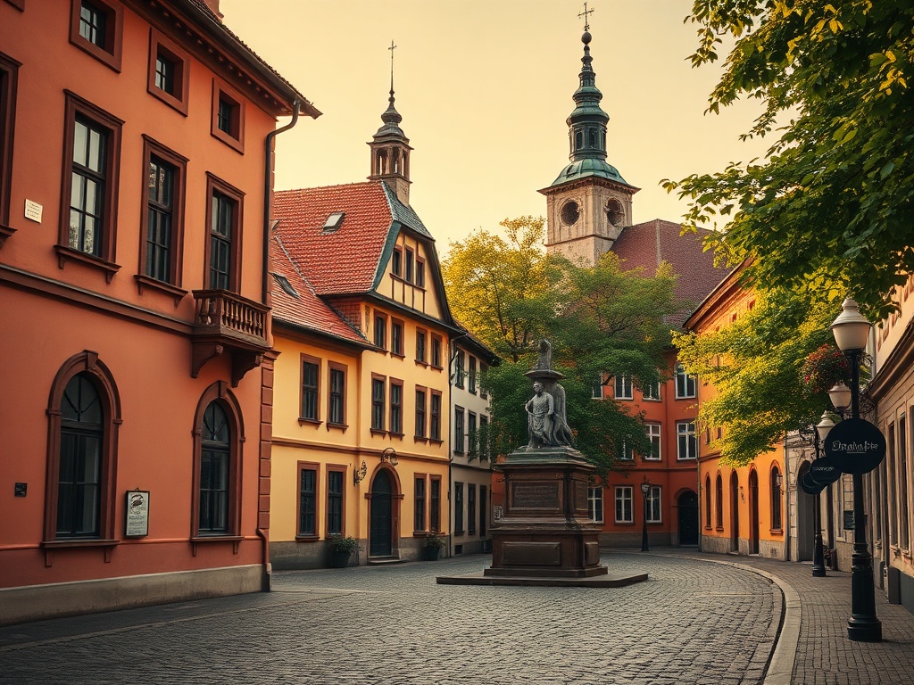 Widok centrum Zduńskiej Woli z początku XXI wieku, ulice miasta z tradycyjnymi sklepami i zabudowaniami