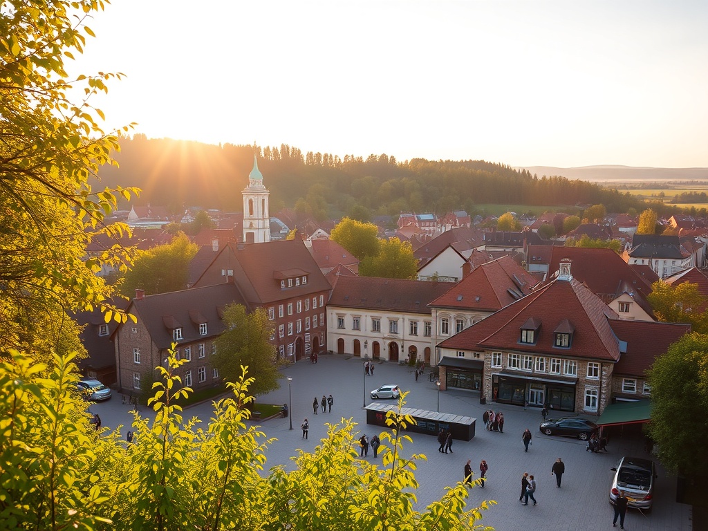 Widok na Rynek w Zduńskiej Woli z ratuszem i kamienicami